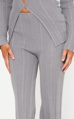 Clearance PrettyLittleThing Petite Rib Knit Flared Pants Grey