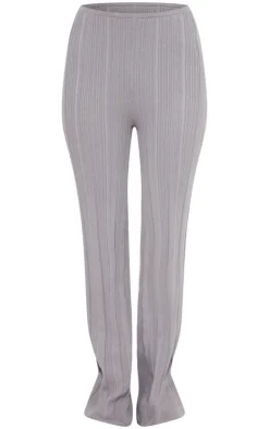 Clearance PrettyLittleThing Petite Rib Knit Flared Pants Grey
