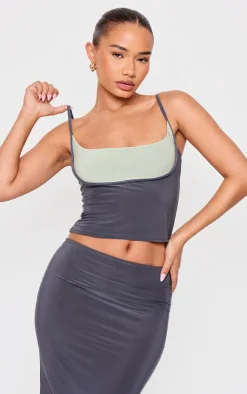 Online PrettyLittleThing Petite Slinky Contrast Strappy Top Grey