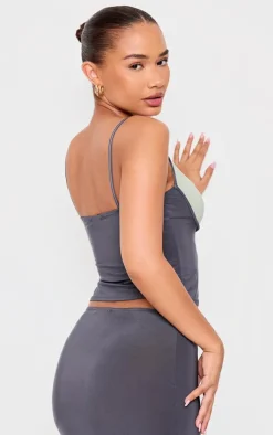 Online PrettyLittleThing Petite Slinky Contrast Strappy Top Grey
