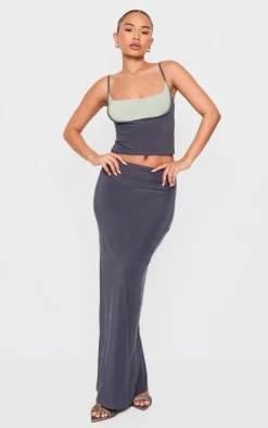 Online PrettyLittleThing Petite Slinky Contrast Strappy Top Grey
