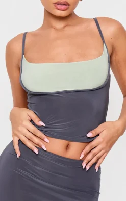 Online PrettyLittleThing Petite Slinky Contrast Strappy Top Grey