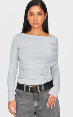 PrettyLittleThing T-Shirts*Petite Slinky Drape Detail Long Sleeve Top