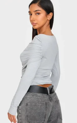 PrettyLittleThing T-Shirts*Petite Slinky Drape Detail Long Sleeve Top