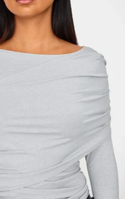 PrettyLittleThing T-Shirts*Petite Slinky Drape Detail Long Sleeve Top