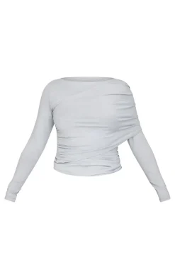 PrettyLittleThing T-Shirts*Petite Slinky Drape Detail Long Sleeve Top
