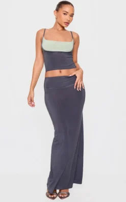 New PrettyLittleThing Petite Slinky Low Waist Maxi Skirt Grey