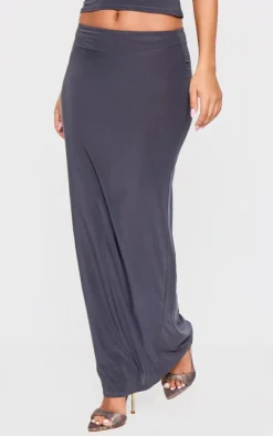 New PrettyLittleThing Petite Slinky Low Waist Maxi Skirt Grey