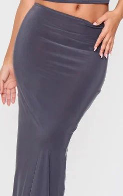 New PrettyLittleThing Petite Slinky Low Waist Maxi Skirt Grey