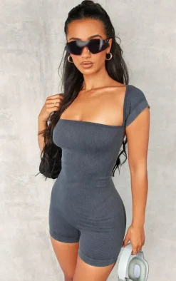 PrettyLittleThing Unitards*Petite Snatched Rib Cap Sleeve Square Neck Unitard
