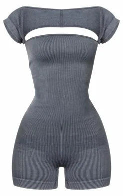 PrettyLittleThing Unitards*Petite Snatched Rib Cap Sleeve Square Neck Unitard