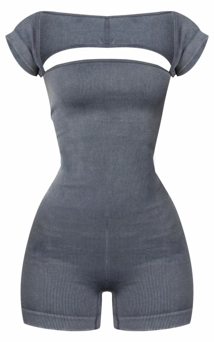 PrettyLittleThing Unitards*Petite Snatched Rib Cap Sleeve Square Neck Unitard