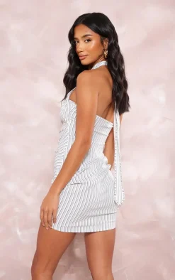Petite Stripe Textured Wrap Neck Ruched Bodycon Dress-PrettyLittleThing Online