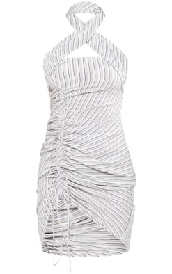 Petite Stripe Textured Wrap Neck Ruched Bodycon Dress-PrettyLittleThing Online