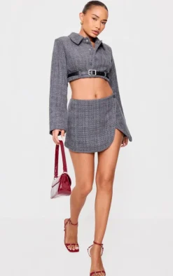 Hot PrettyLittleThing Petite Textured Woven Wrap Over Mini Skirt Grey