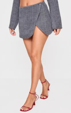 Hot PrettyLittleThing Petite Textured Woven Wrap Over Mini Skirt Grey