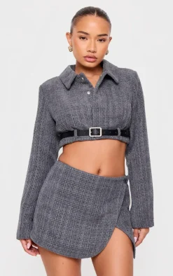 Hot PrettyLittleThing Petite Textured Woven Wrap Over Mini Skirt Grey
