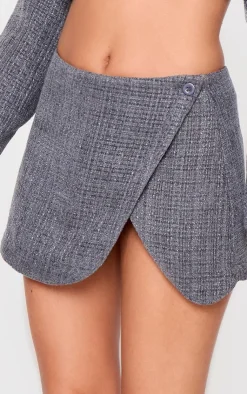 Hot PrettyLittleThing Petite Textured Woven Wrap Over Mini Skirt Grey