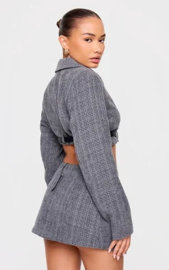 Sale PrettyLittleThing Petite Textured Woven Belt Detail Cropped Blazer Grey