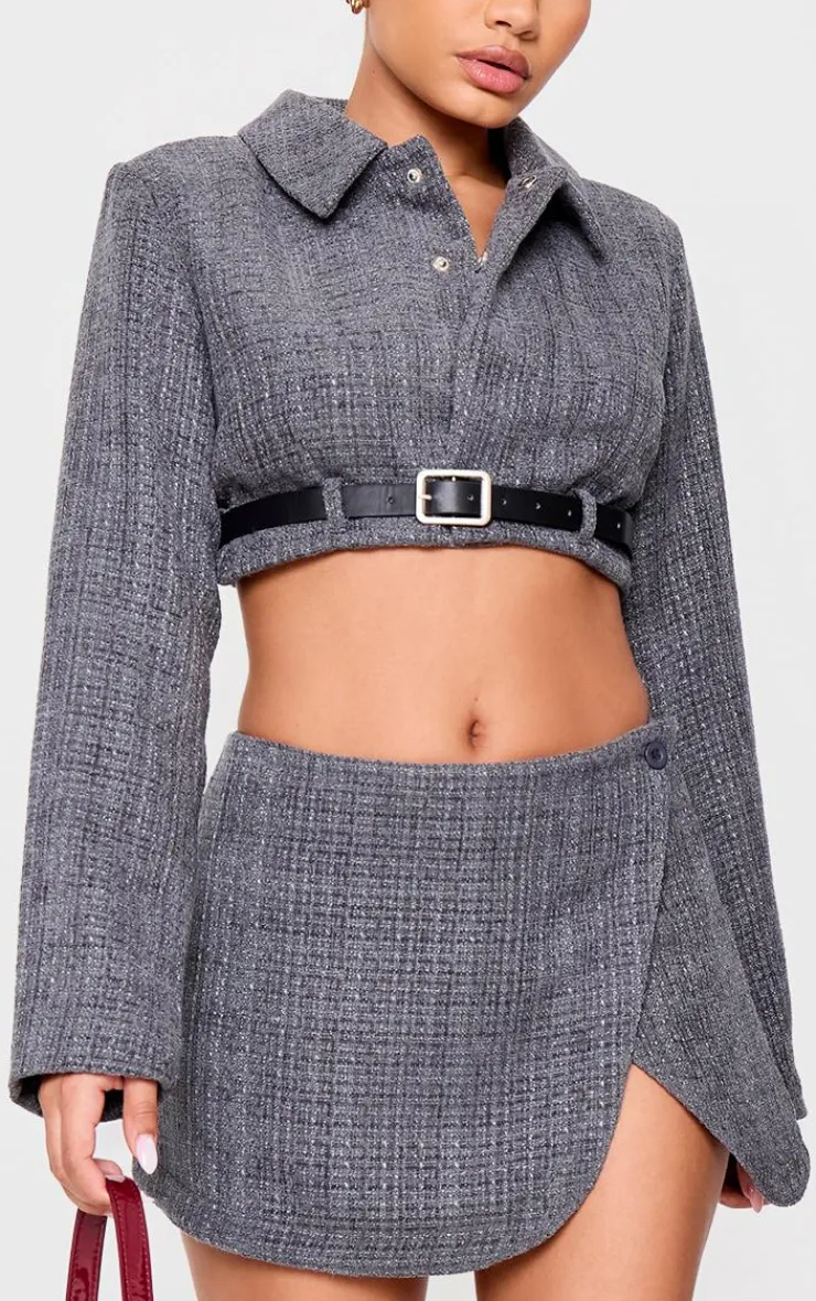 Sale PrettyLittleThing Petite Textured Woven Belt Detail Cropped Blazer Grey
