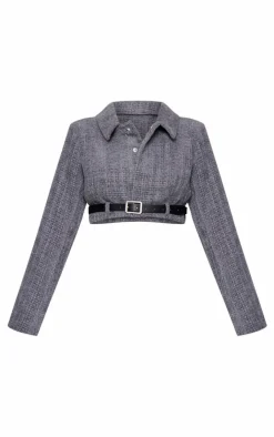 Sale PrettyLittleThing Petite Textured Woven Belt Detail Cropped Blazer Grey