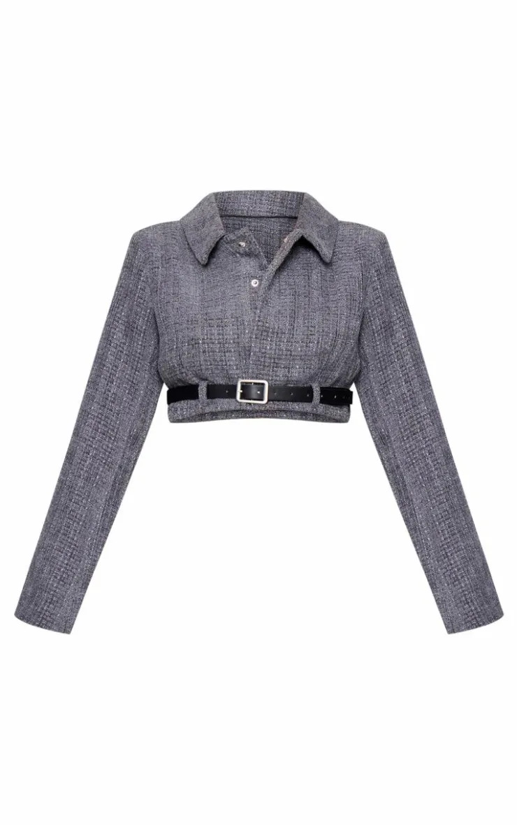 Sale PrettyLittleThing Petite Textured Woven Belt Detail Cropped Blazer Grey