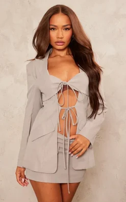 Clearance PrettyLittleThing Petite Tie Detail Fitted Blazer Grey