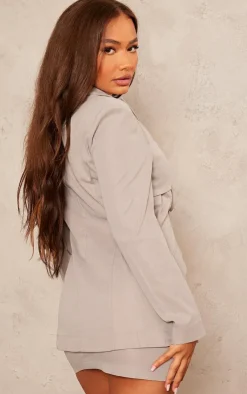 Clearance PrettyLittleThing Petite Tie Detail Fitted Blazer Grey