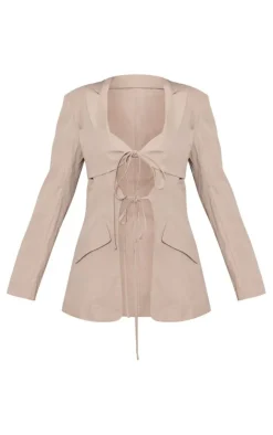 Clearance PrettyLittleThing Petite Tie Detail Fitted Blazer Grey