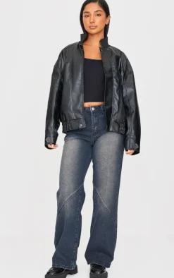 Petite Grey Used Bleach Seam Detail Straight Leg Jeans