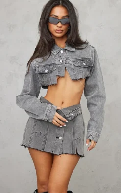 Clearance PrettyLittleThing Petite Wash Distressed Super Cropped Denim Jacket Grey