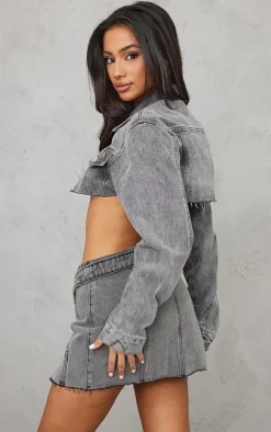 Clearance PrettyLittleThing Petite Wash Distressed Super Cropped Denim Jacket Grey