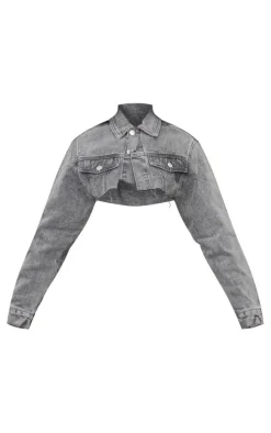 Clearance PrettyLittleThing Petite Wash Distressed Super Cropped Denim Jacket Grey