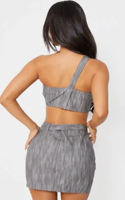 Sale PrettyLittleThing Petite Woven Extreme Crop Top With Strap Detail Grey