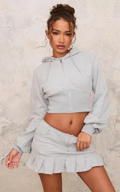PrettyLittleThing Petite Zip Up Cropped Hoodie Grey