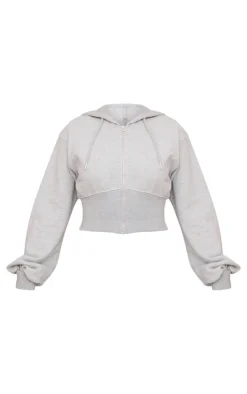 PrettyLittleThing Petite Zip Up Cropped Hoodie Grey