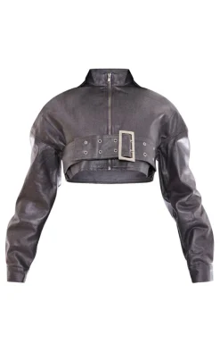New PrettyLittleThing Petite Grey Metallic Coated Denim Buckle Detail Cropped Jacket Gunmetal