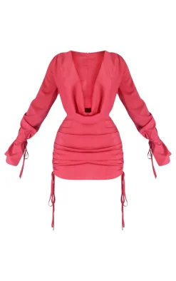 Petite Long Ruched Sleeve Cowl Neck Bodycon Dress-PrettyLittleThing New