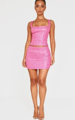 New PrettyLittleThing Petite Sequin Mini Skirt Hot Pink