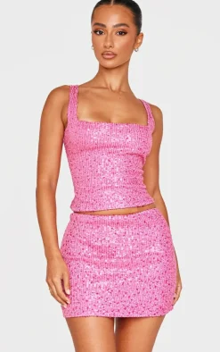 New PrettyLittleThing Petite Sequin Mini Skirt Hot Pink