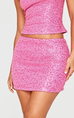 New PrettyLittleThing Petite Sequin Mini Skirt Hot Pink