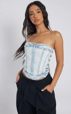 PrettyLittleThing Corsets*Petite Denim Corset Top With Button Detailing