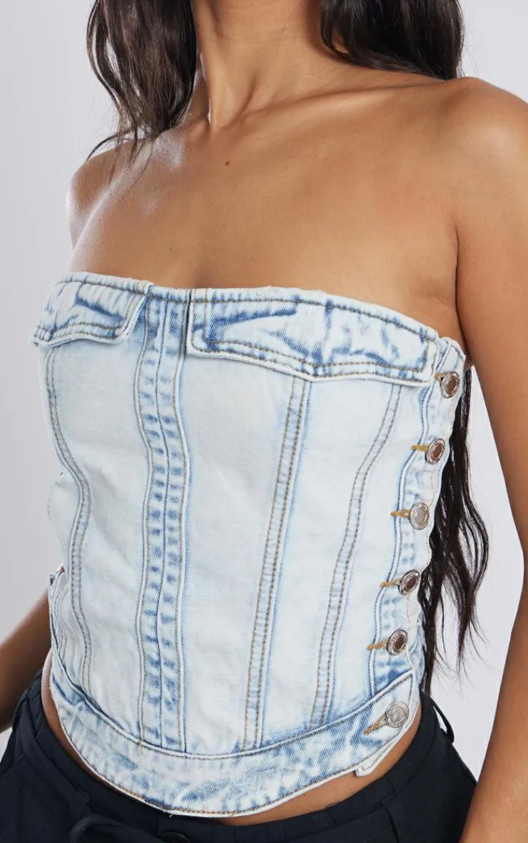 PrettyLittleThing Corsets*Petite Denim Corset Top With Button Detailing