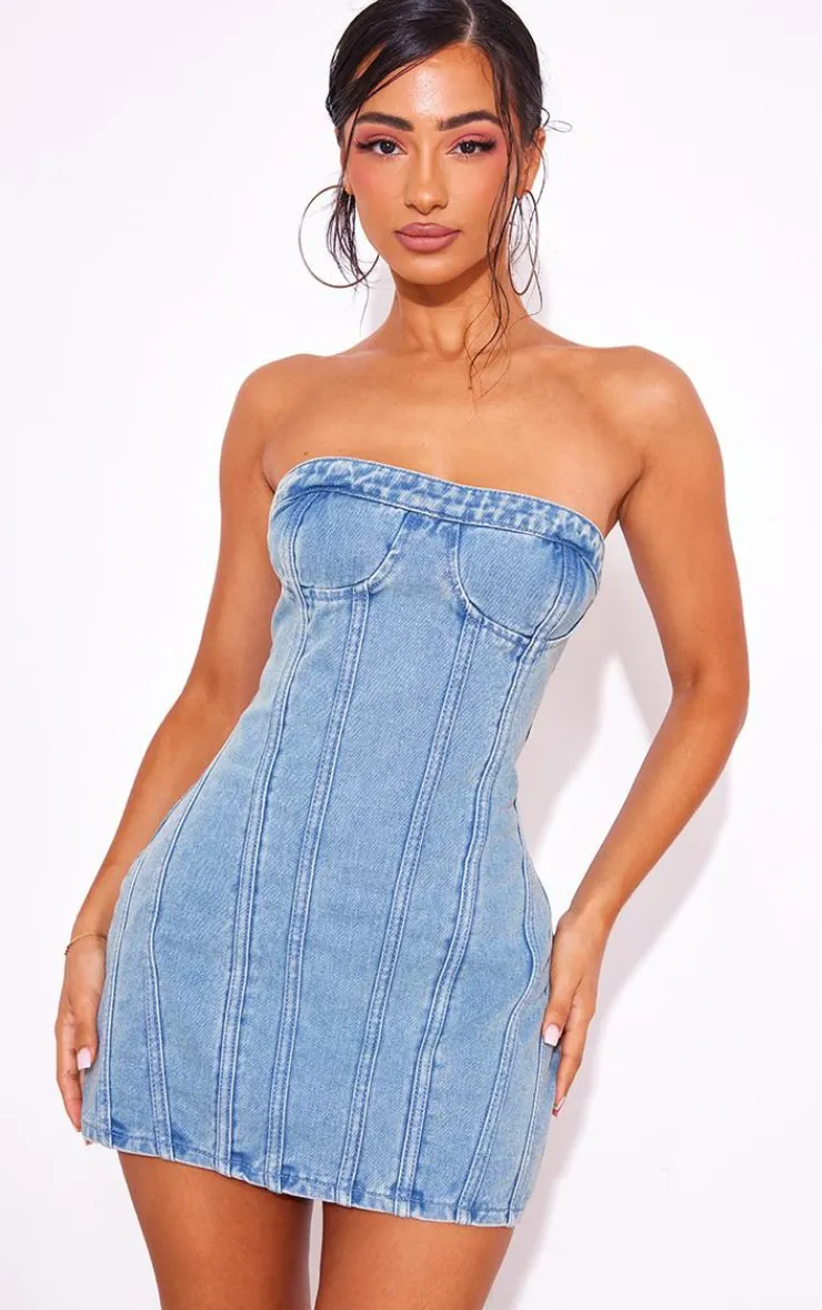 Petite Vintage Wash Seam Front Denim Mini Dress-PrettyLittleThing Best
