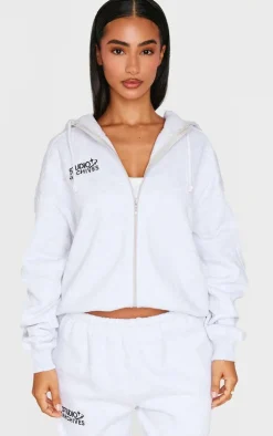 Sale PrettyLittleThing Petite Studio Archives Zip Up Hoodie Ice Grey