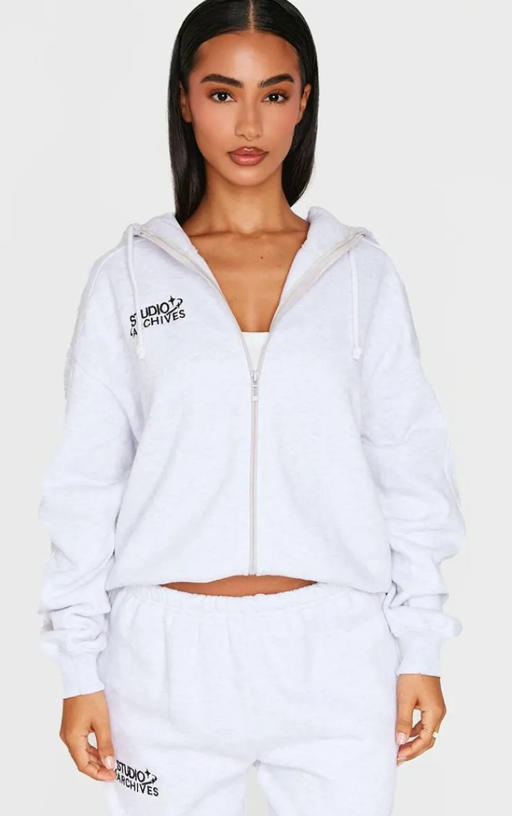 Sale PrettyLittleThing Petite Studio Archives Zip Up Hoodie Ice Grey