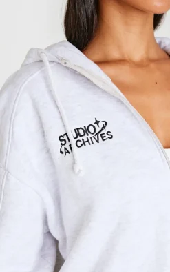 Sale PrettyLittleThing Petite Studio Archives Zip Up Hoodie Ice Grey