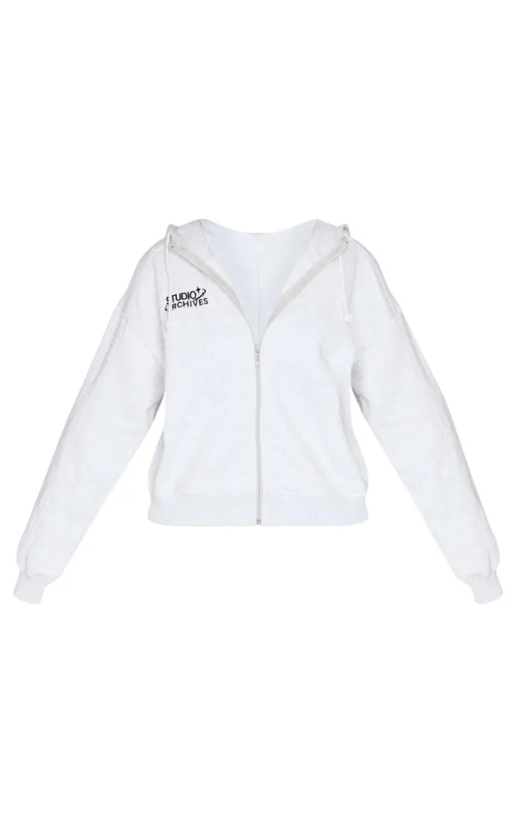 Sale PrettyLittleThing Petite Studio Archives Zip Up Hoodie Ice Grey