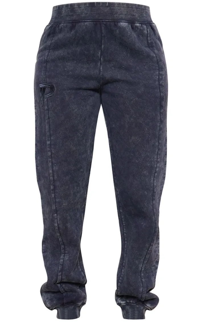 Petite Indigo Acid Wash Seam Detail Cuffed Sweatpants