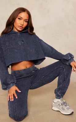 Petite Indigo Acid Wash Seam Detail Cropped Hoodie